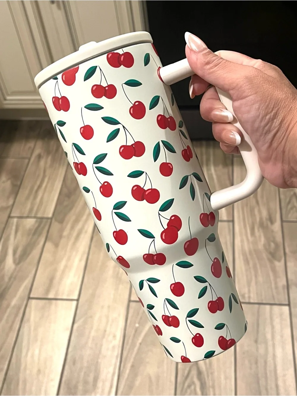 Cherry Print Cream Travel Mug with Handle